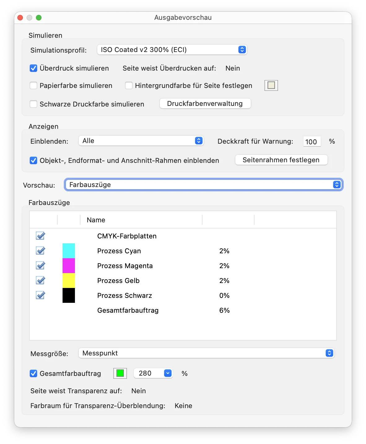 Acrobat Pro Ausgabevorschau mit aktivierter Gesamtfarbauftrag-Warnung