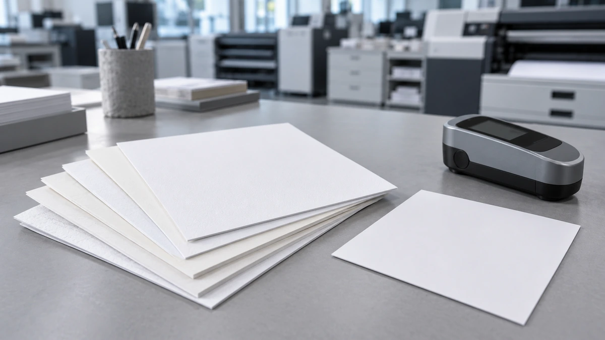 Helle Papierbögen auf einem grauen Arbeitstisch neben einem Farbmessgerät