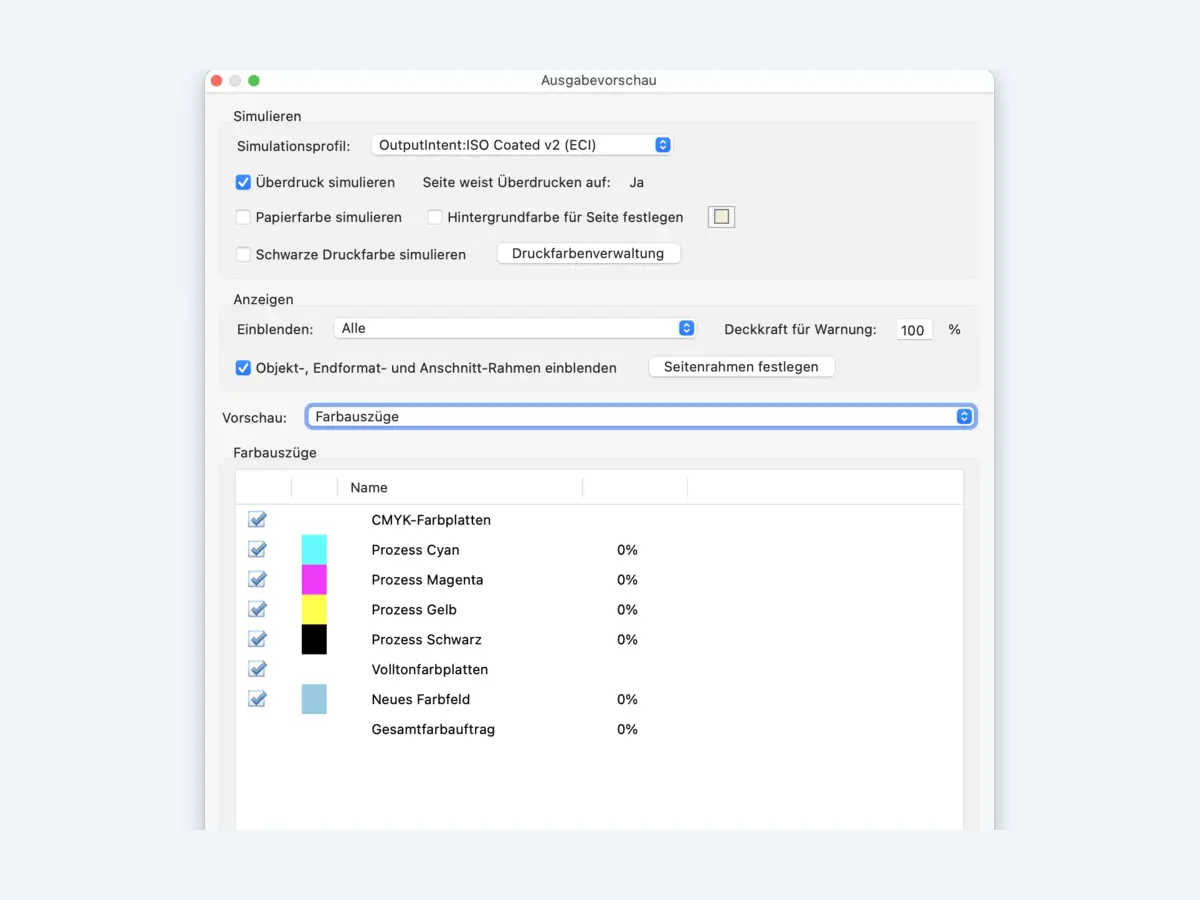 Acrobat-Ausgabevorschau mit eingeblendetem Simulationsprofil aus dem Output Intent, zum Beispiel ISO Coated v2 oder PSO Coated v3