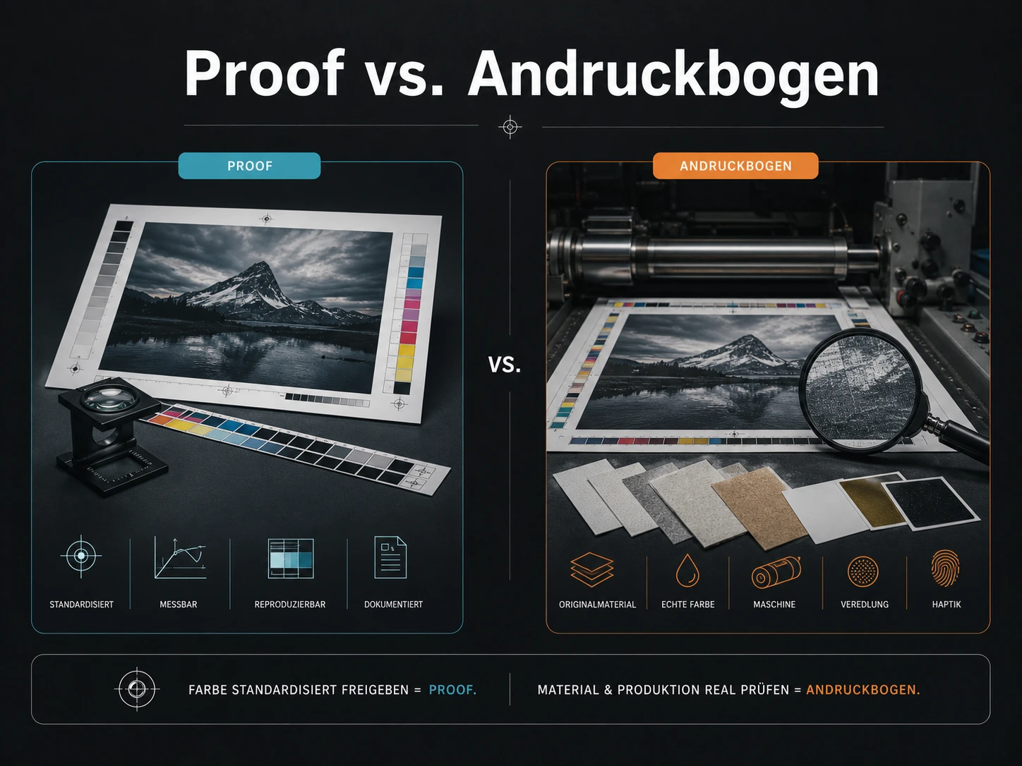 Vergleichsgrafik mit echtem Proof links und realer Druckmaschine rechts