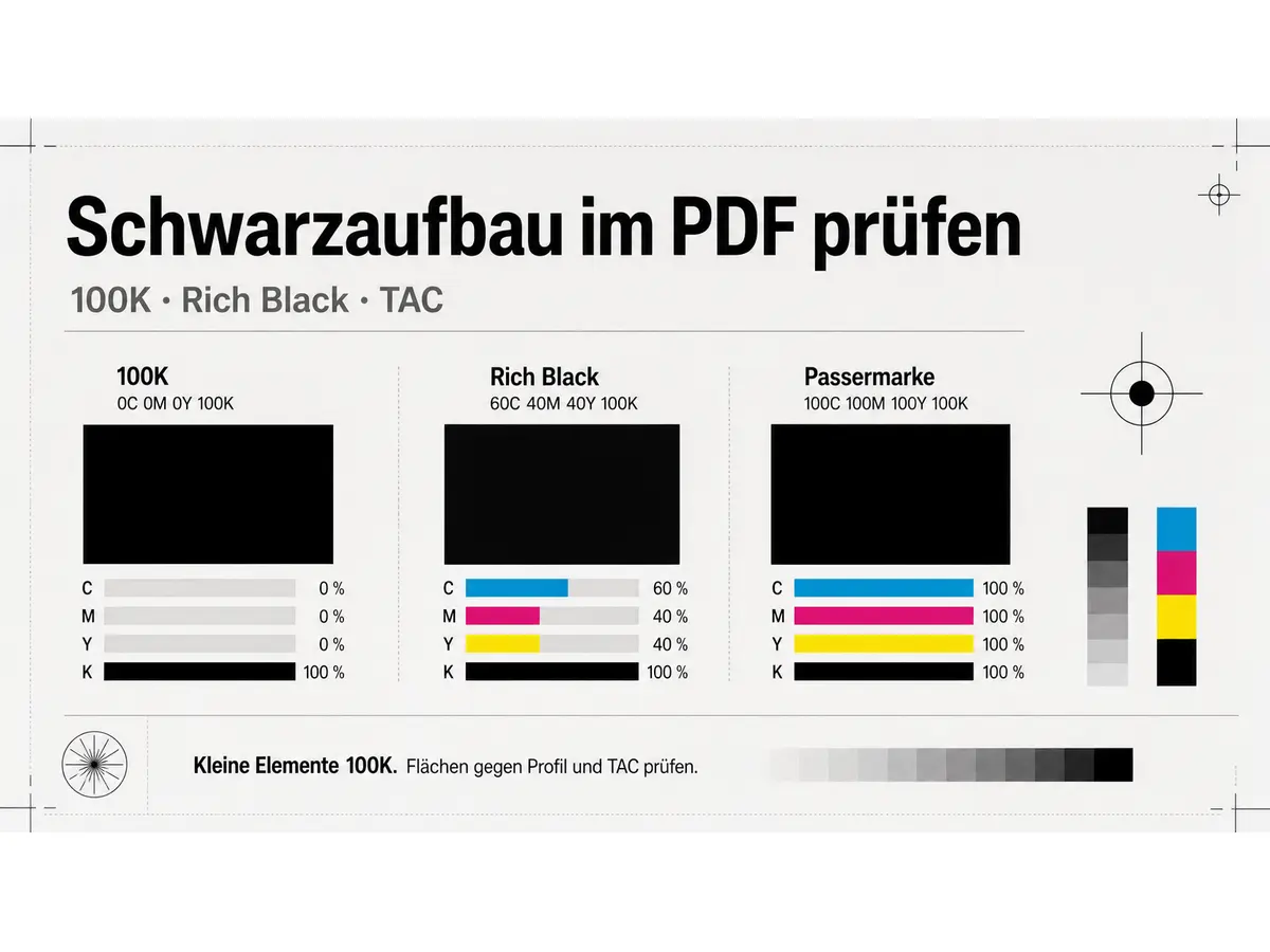 Technische Grafik Schwarzaufbau im PDF prüfen mit 100K, Rich Black, Passermarke und CMYK-Auszügen
