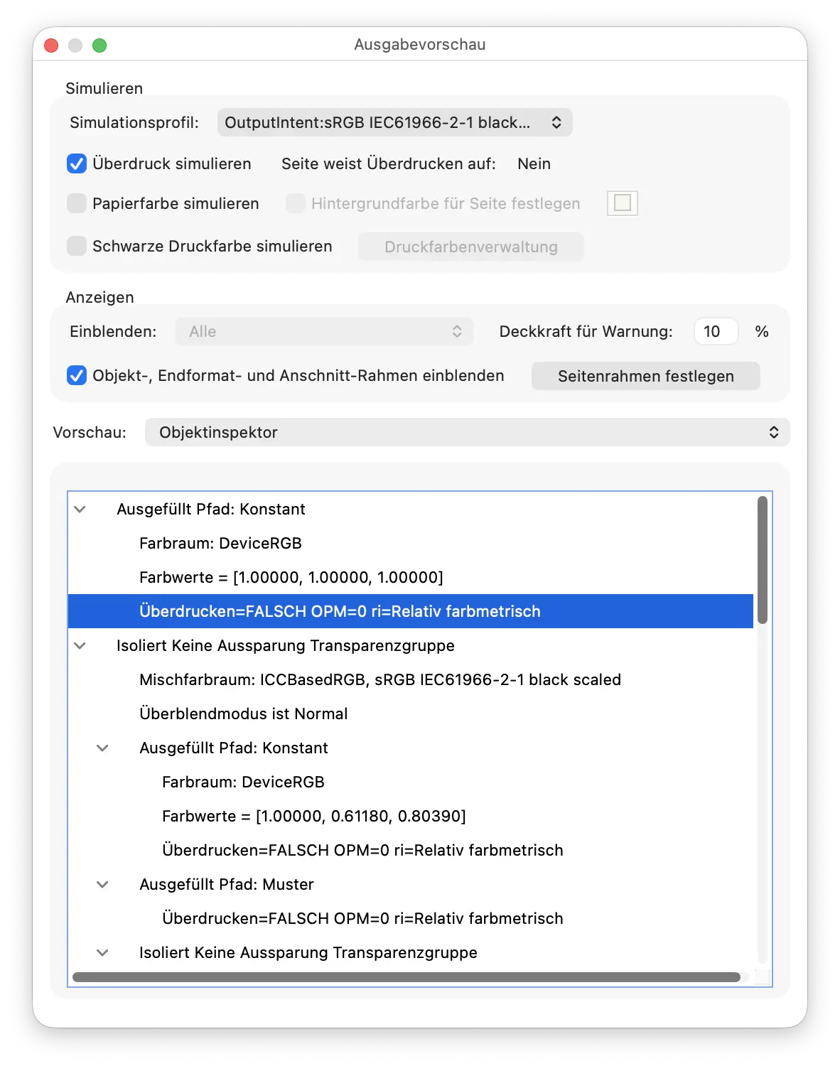 Adobe Acrobat Ausgabevorschau mit aktivierter Überdrucksimulation und Objektinspektor für ein ausgewähltes PDF-Objekt