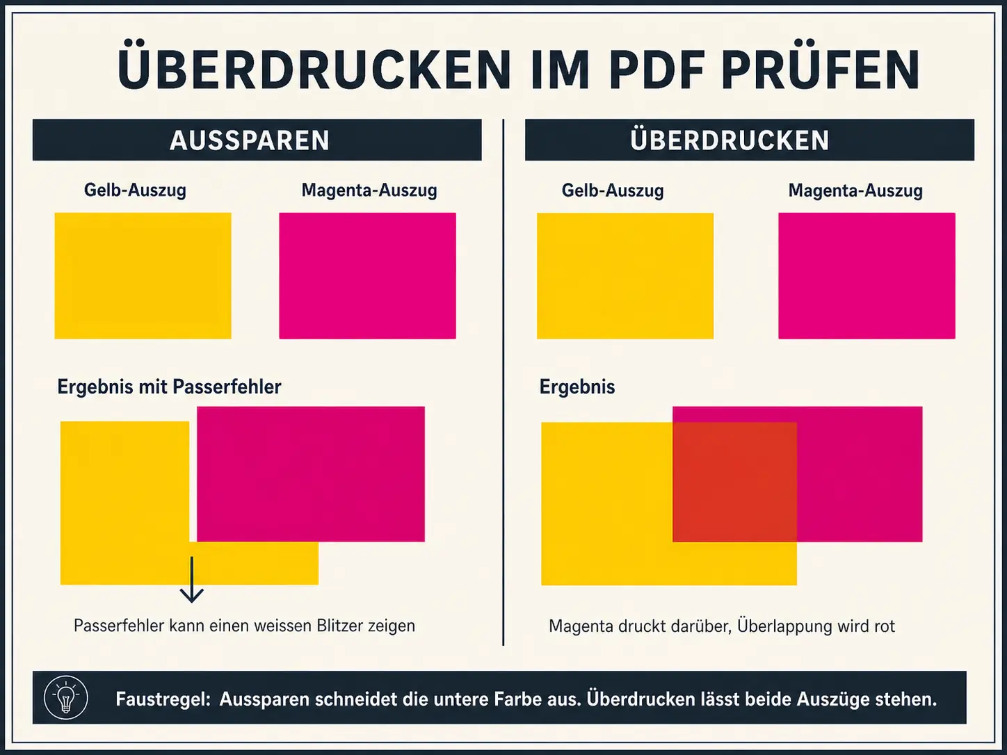 Technische Vergleichsgrafik: Aussparen mit Gelbauszug-Aussparung und möglichem weißen Blitzer, daneben Überdrucken mit Magenta auf Gelb und rotem Überlappungsbereich