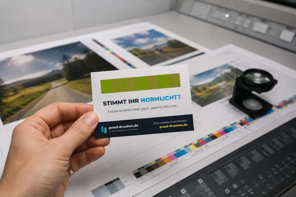 Die Metamerie-Karte wird am Leitstand über frisch gedruckte Bögen mit Farbkontrollstreifen und Fadenzähler gehalten